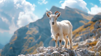 Fototapeta premium A cute goat stands amidst the serene mountain landscape, its playful demeanor and rugged surroundings capturing the essence of natural beauty and wildlife in the highlands.