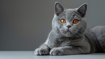 A seven-month-old British Blue female cat, with striking orange eyes, is isolated against a neutral grey background, highlighting her youthful beauty and distinct breed characteristics.