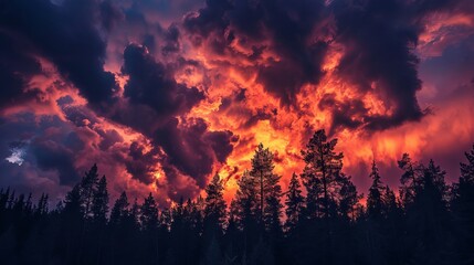 
Fiery sunset clouds streak across the dramatic night sky above a dark forest, creating a mesmerizing contrast of vibrant colors against the tranquil, shadowy landscape below.