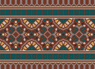 Pixel ethnic seamless pattern design. Aztec fabric mandala textile wallpaper. Tribal native motif boho ornament African American Indian folk