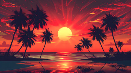 Obraz premium A sunset on a retro-themed tropical island, palm trees bathed in the warm glow of the setting sun.
