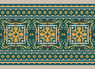 Pixel ethnic seamless pattern design. Aztec fabric mandala textile wallpaper. Tribal native motif boho ornament African American Indian folk