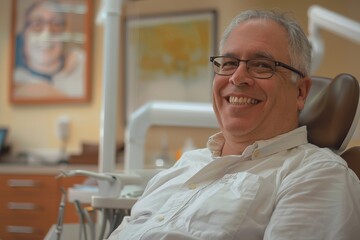 Obraz premium Smiling man with glasses sitting in a dental chair. Modern, candid photography. Ideal for promoting dental health, check-ups, and dental services. Generative AI.