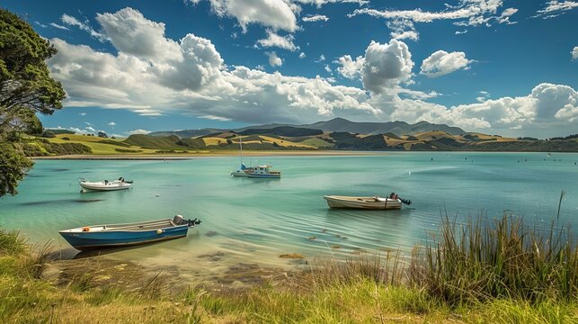 Hokianga Harbour in Northland, New Zealand, offers a breathtaking panorama of tranquil waters surrounded by lush green hills and sandy shores.