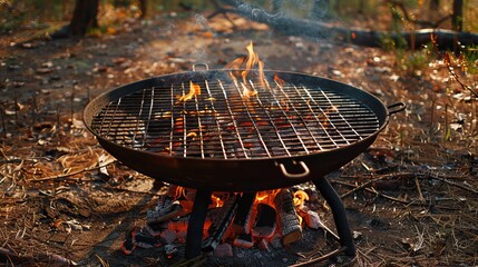 A kettle grill pit with a cast iron grid features a round table-cooking surface heated by firewood, creating a barbecue hot grill setup perfect for backyard cookouts. 