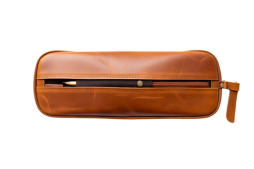 Opened brown pencil case PNG with transparent background, stationery organizer for school or office supplies, stylish and functional design