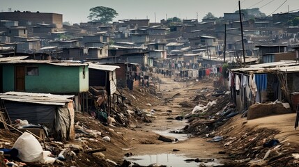 Fototapeta premium Flooded street with dilapidated houses reflecting poverty and poor living conditions in a rural area after heavy rainfall.