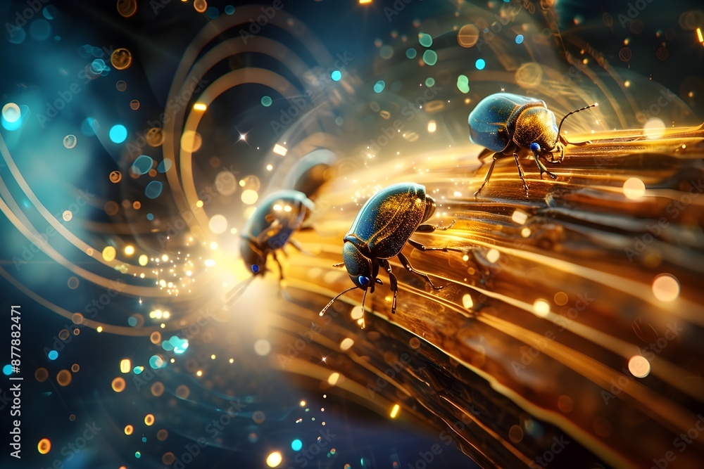 Poster metallic wood-boring beetles interacting with sinusoidal patterns in a sci-fi-inspired setting