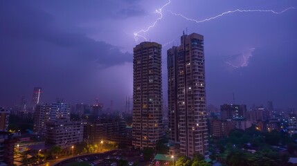 Obraz premium During the rainy season on July 15, 2016, a lightning storm with thunderbolts illuminated the residential towers in Thane City, Maharashtra, India (Bharat)