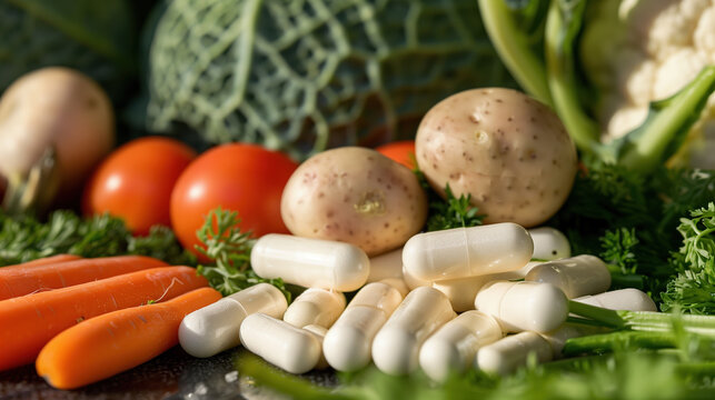 MSM Supplements and Organic Vegetables Background, Health and Wellness Concept