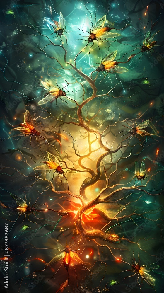 Poster dreamlike interpretation of the hepatic portal vein with net-winged beetles