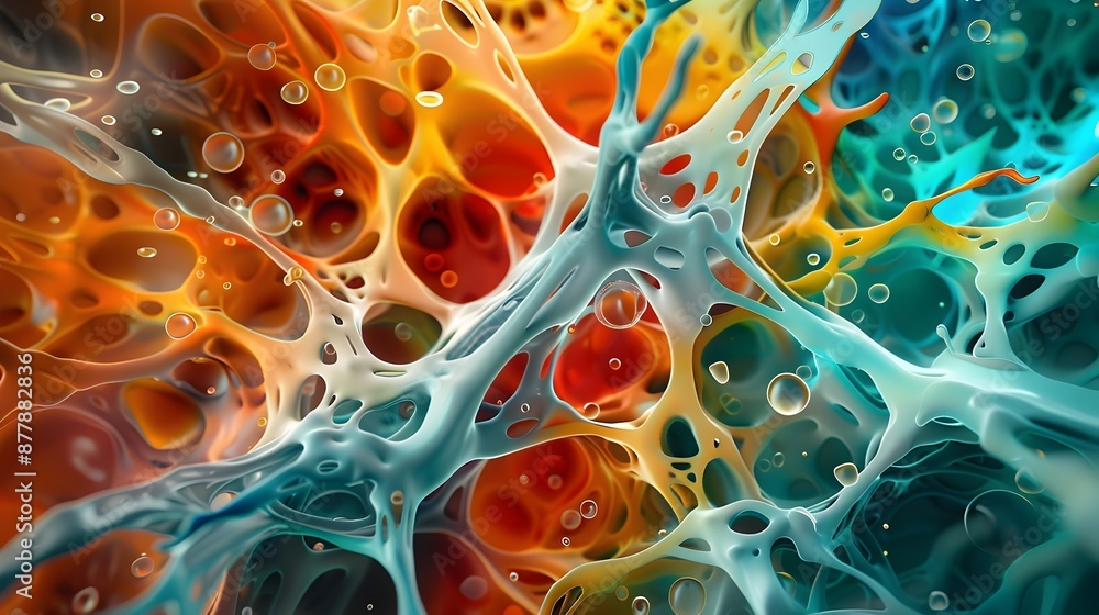 Poster intricate microscopic structures in a vibrant abstract representation of the glomerulus