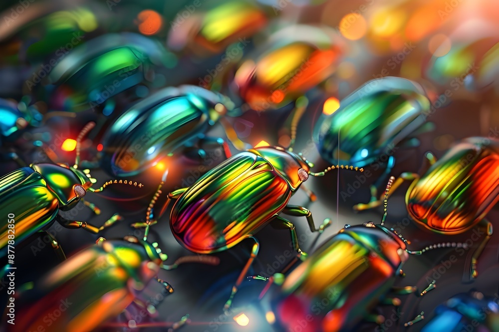 Poster mesmerizing metallic beetles amid sinuous patterns