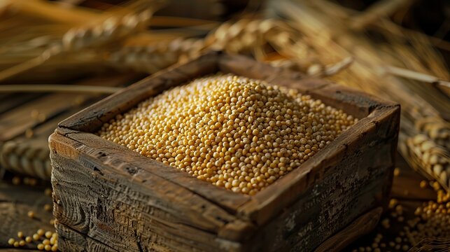 Millet grains are stored in a rustic wooden container, showcasing their natural texture and earthy appeal.
