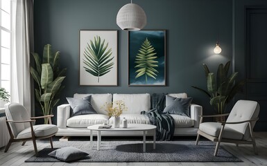 Sleek Minimalist Living Room with White Sofa and Copy Space