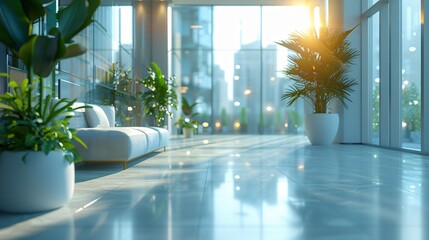 Fototapeta premium Blur background of bright office with white furniture and large windows. Modern white lounge or lobby. Minimalist and modern workplace design