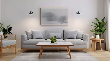 A beautiful living room with wooden furniture, sofa and coffee table in the center of which is an abstract painting on canvas. The style should be Scandinavian interior design with modern decor.