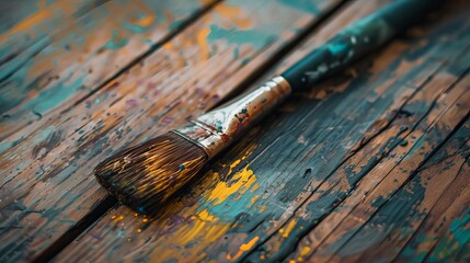 Fototapeta premium A close-up photograph depicts a paintbrush resting on a textured wood surface, highlighting the bristles' texture and the natural grain of the wood, creating a tactile and artistic composition.