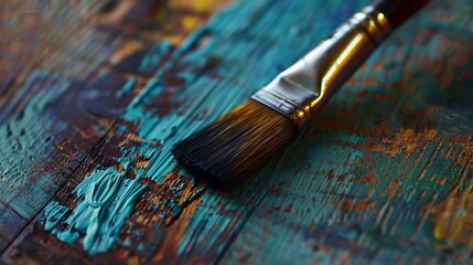 Fototapeta premium A close-up photograph depicts a paintbrush resting on a textured wood surface, highlighting the bristles' texture and the natural grain of the wood, creating a tactile and artistic composition.