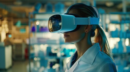 scientist in a laboratory is using a virtual reality headset to explore or analyze virtual data, surrounded by laboratory equipment and illuminated by blue and green lighting