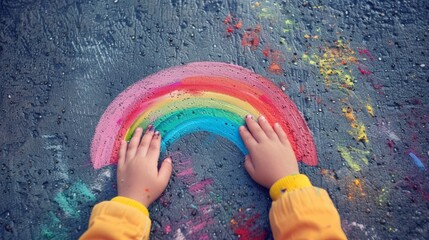 Child's hands draw a colorful rainbow with chalk on asphalt, surrounded by colorful chalk marks