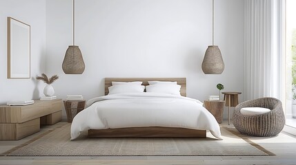 A minimalist bedroom with white walls, wooden furniture and decor, including an oak bed frame, natural wood side tables, beige rug on the floor, hanging rattan pendant lights above a round wicker