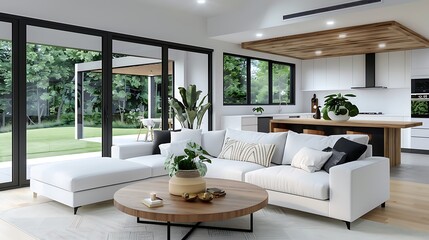 A bright and airy living room with large windows, showcasing the minimalist design of modern furniture in light tones like a white sofa and wood accents. The open kitchen is visible through glass