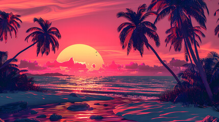 A sunset on a retro-themed tropical island, palm trees bathed in the warm glow of the setting sun.