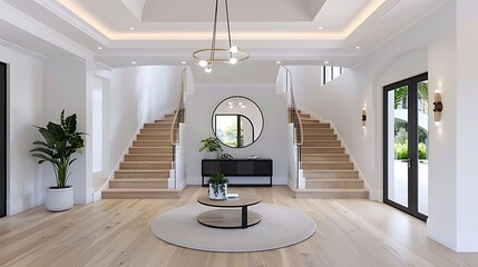 luxurious modern villa interior, entryway with arched doorway and double stairs in the background, light oak wood floors, cream walls, white ceiling, large mirror on the wall above a console table,