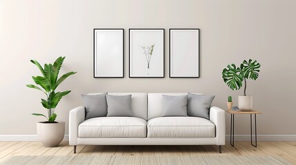 A simple yet elegant living room setting with soft beige walls, featuring an ivory sofa and grey pillows. The space is adorned with plants in vases on the side tables, creating a fresh atmosphere. A