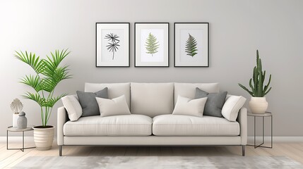 A simple yet elegant living room setting with soft beige walls, featuring an ivory sofa and grey pillows. The space is adorned with plants in vases on the side tables, creating a fresh atmosphere. A