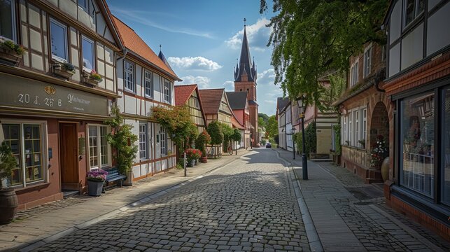 Ritterstrasse and Saint John's (Johannis) Church stand prominently in the charming old town center of Verden an der Aller, nestled in Lower Saxony, Germany.