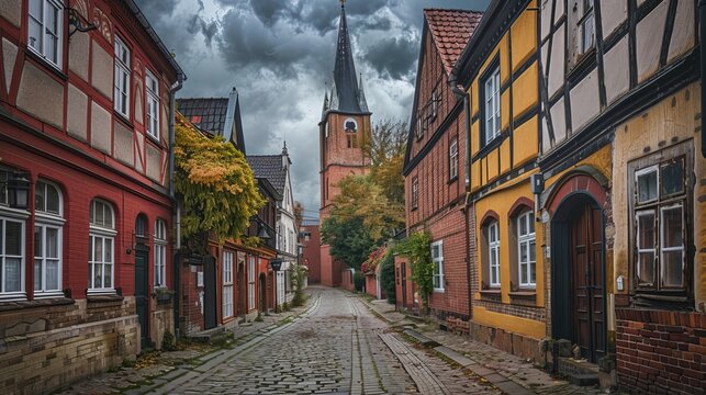 Ritterstrasse and Saint John's (Johannis) Church stand prominently in the charming old town center of Verden an der Aller, nestled in Lower Saxony, Germany.