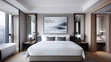 A photograph of an elegant and modern hotel room in Hong Kong, featuring minimalist decor with subtle accent colors like navy blue or silver accents. The large bed is flanked by stylish lamps on each