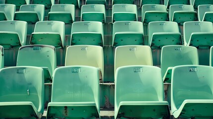 Fototapeta premium The outdoor sport stadium in Singapore features rows of multilevel, empty light green plastic grandstand seats