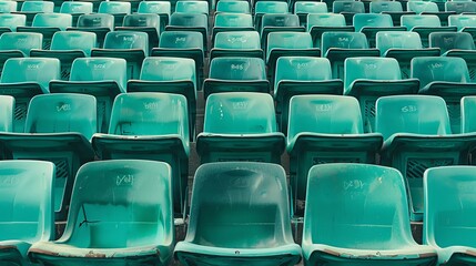 Naklejka premium The outdoor sport stadium in Singapore features rows of multilevel, empty light green plastic grandstand seats