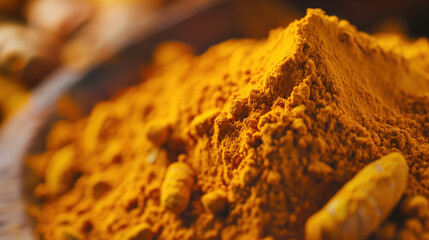 Vibrant Close-Up of Turmeric Powder in Culinary and Health Context