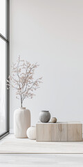 Minimalist living room interiors in a luxury property in neutral colors, with copy space and minimal designer furniture. Luxurious Real Estate composition with plain lighting.