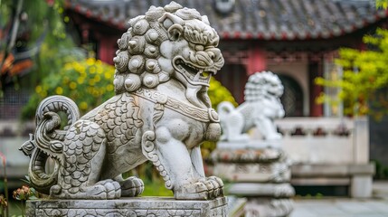 Fototapeta premium In China, a stone statue featuring a lion and dragon symbolizes traditional cultural motifs and craftsmanship.