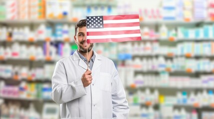 Celebrating Labor Day with a pharmacist holding an American flag, posed in front of a blurred pharmacy background.