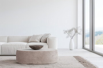 Minimalist living room interiors in a luxury property in neutral colors, with copy space and minimal designer furniture. Luxurious Real Estate composition with plain lighting.