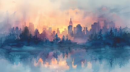 Fototapeta premium watercolor painting of foggy cityscape 