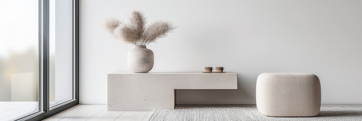 Minimalist living room interiors in a luxury property in neutral colors, with copy space and minimal designer furniture. Luxurious Real Estate composition with plain lighting.