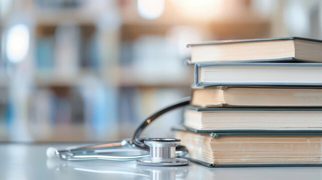 Stack of books with stethoscope and open book on top book stethoscope open book education medicals study learning literature cognition health care reading academic school - Powered by Adobe
