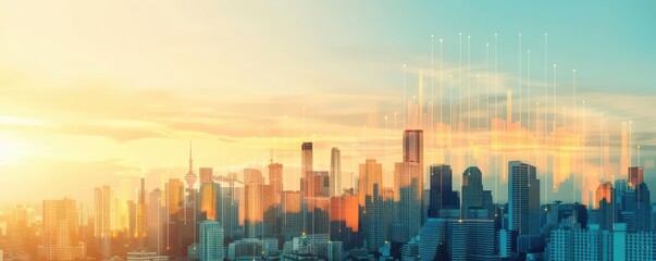 Fototapeta premium Stunning city skyline at sunset with futuristic elements and glowing abstract shapes. Perfect for business, technology, and urban concepts.