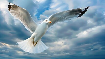 Fototapeta premium A white sea gull soaring against a backdrop of cloudy sky.