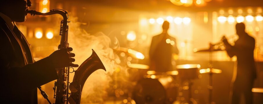 Silhouetted saxophonist plays in a dimly lit jazz club.