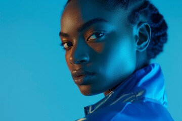 A determined athlete in a blue tracksuit looks directly at the camera, bathed in blue light against a minimalist blue background