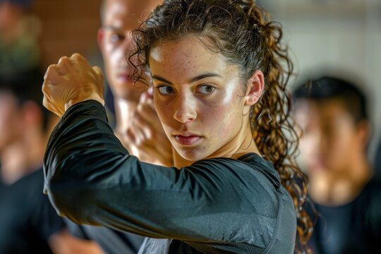 A young woman with curly brown hair practices Krav Maga self-defense techniques during a training session. She is focused and determined, with her eyes locked on the target