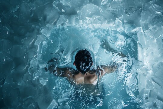 A person sits in an ice bath with ice around them, arms outstretched for balance. Steam rises from the water due to extreme cold